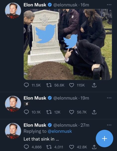 A screenshot of Musk tweeting a stolen meme showing a stand-in for Twitter celebrating in front of its own grave