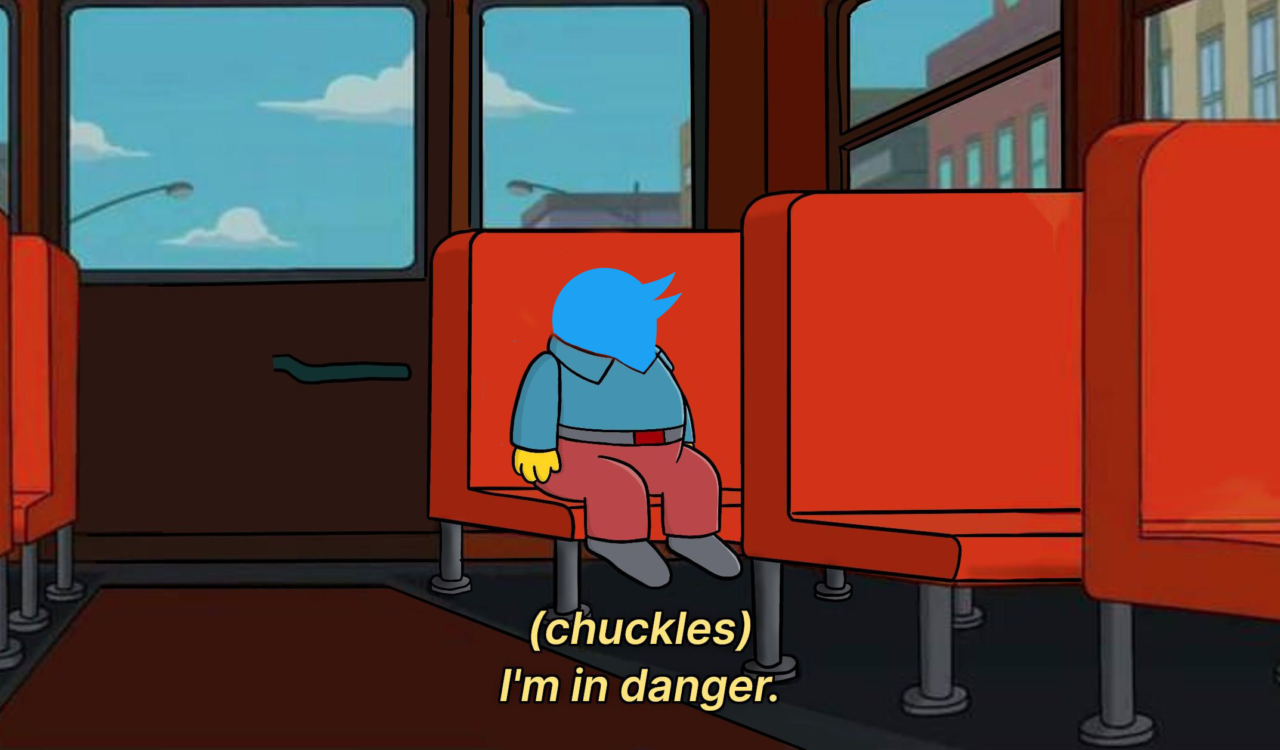 A screenshot from the Simpsons of Ralph saying "I'm in danger" where Ralph has been replaced by the Twitter logo